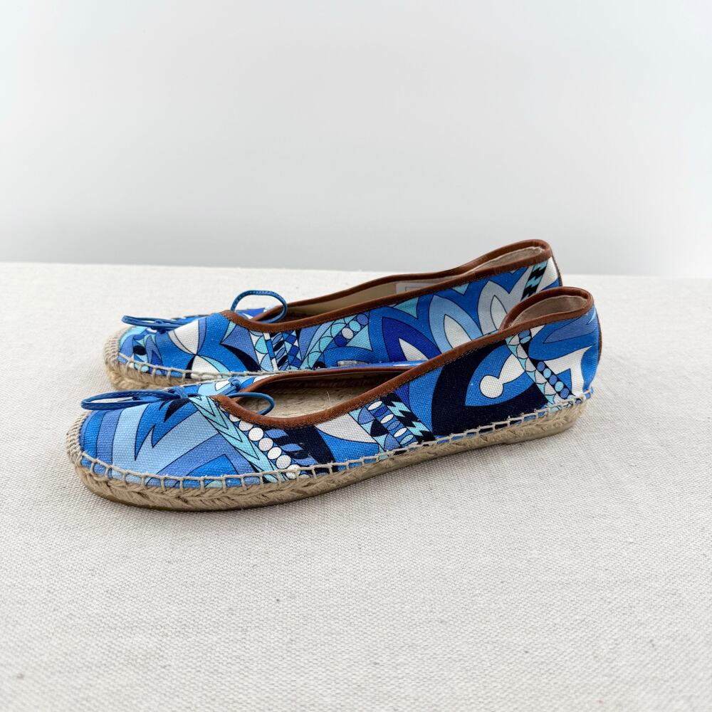 NWOT Emilio Pucci Canvas Slip On Espadrille Printed Flat Shoes Blue Womens EU 39